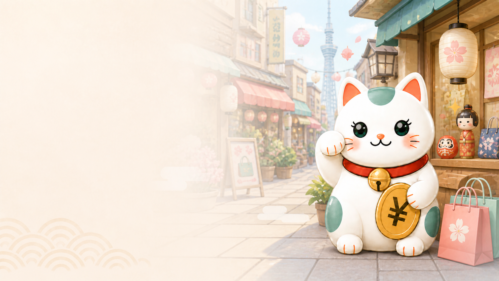 Tabikin lucky yen cat on a Tokyo shopping street.