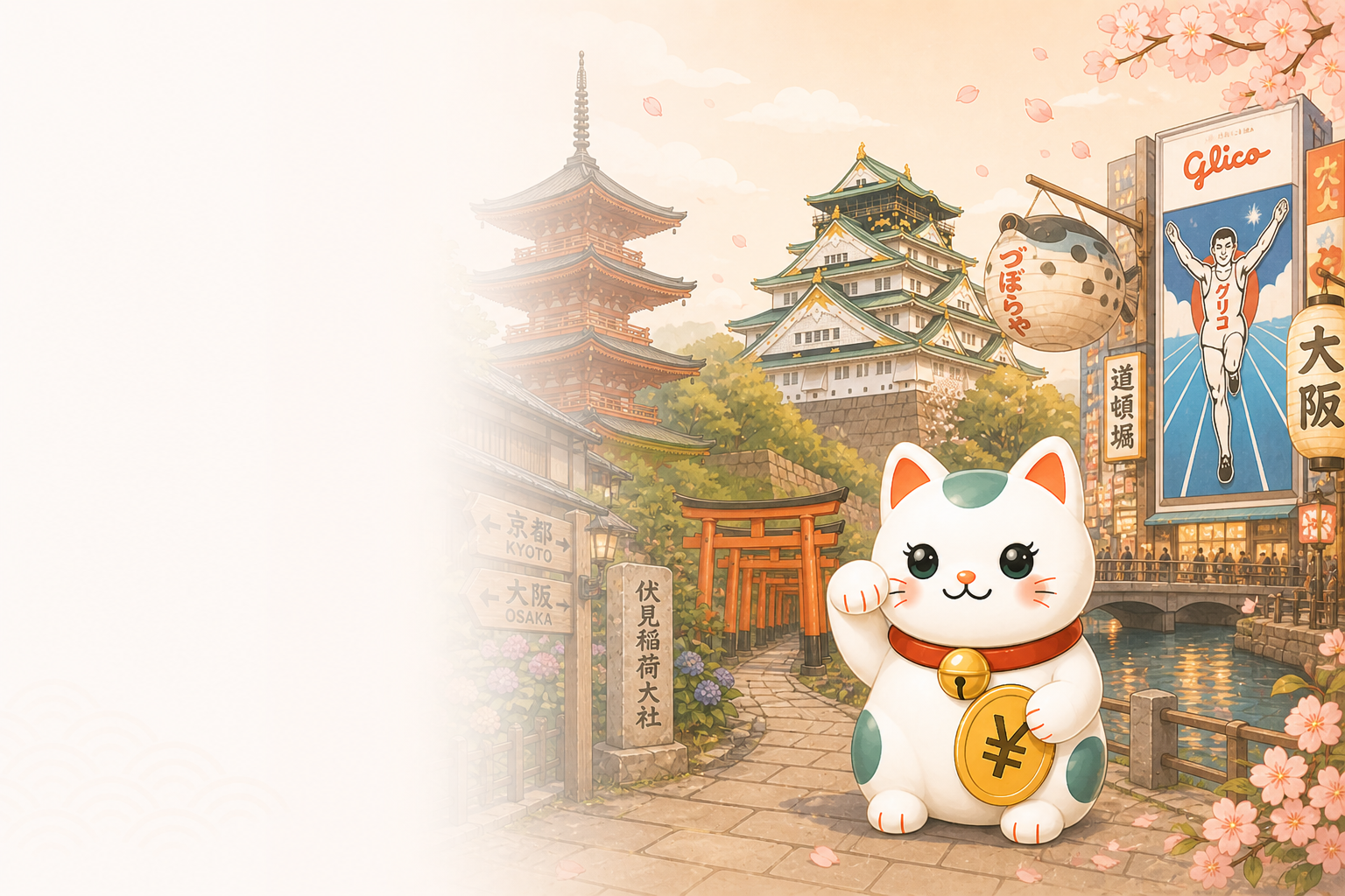 Shop smart. Travel lucky. Tabikin early access with the lucky yen cat and Kyoto and Osaka attractions.