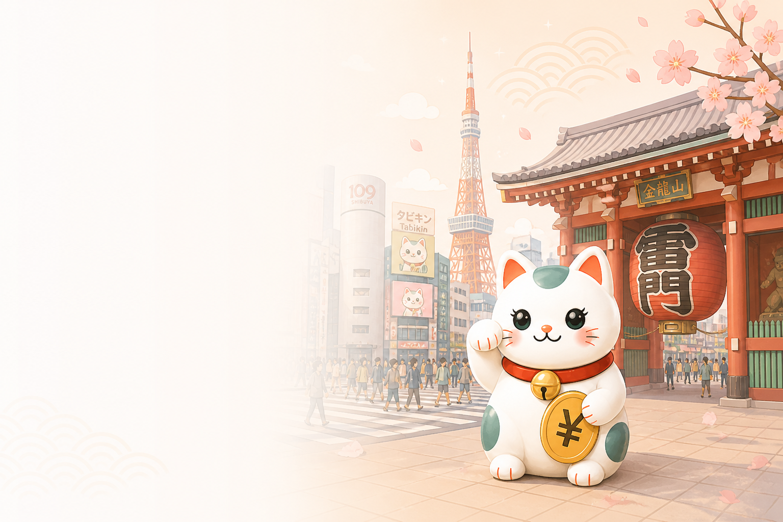 Lucky yen cat in a Tokyo privacy page illustration with Tokyo Tower, Shibuya crossing, and Sensoji gate.